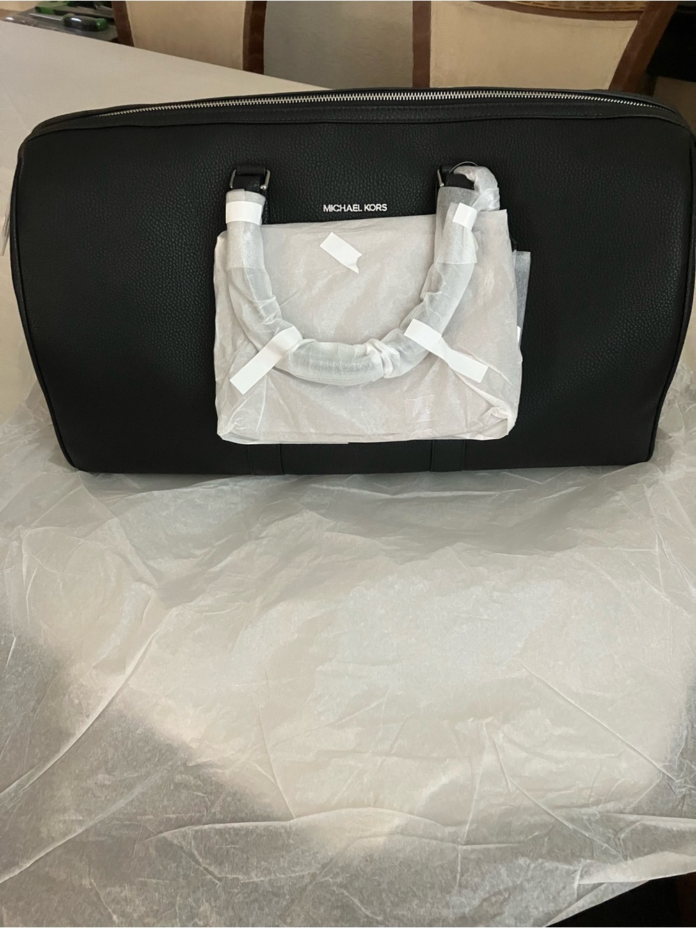 Michael Kors Cooper Faux Leather Black Duffel Bag with Silver Accents - Picture 6 of 12